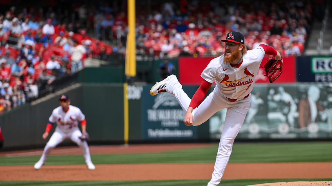 Mar 29, 2026; St. Louis, Missouri, USA; St. Louis Cardinals starting pitcher Dustin May (3) pitches against the Tampa Bay Rays during the first inning at Busch Stadium. Mandatory Credit: Jeff Curry-Imagn Images