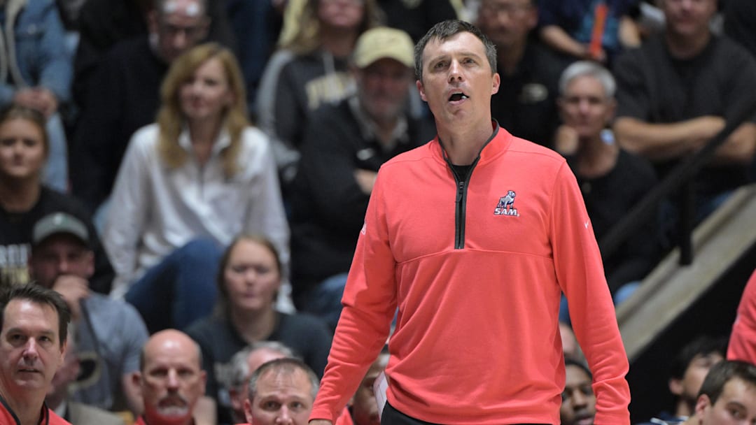 Samford Bulldogs head coach Bucky McMillan looks up at the video board during the second half against the Purdue Boilermakers 