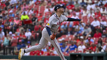 Jul 12, 2025; St. Louis, Missouri, USA;  Atlanta Braves starting pitcher Aaron Bummer (49) pitches against the St. Louis Cardinals during the first inning at Busch Stadium. Mandatory Credit: Jeff Curry-Imagn Images