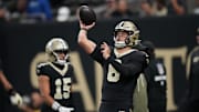 Oct 26, 2025; New Orleans, Louisiana, USA; New Orleans Saints quarterback Tyler Shough (6) warms up before a game against the Tampa Bay Buccaneers at Caesars Superdome. Mandatory Credit: Matthew Hinton-Imagn Images