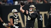 Oct 26, 2025; New Orleans, Louisiana, USA; New Orleans Saints quarterback Tyler Shough (6) warms up before a game against the Tampa Bay Buccaneers at Caesars Superdome. Mandatory Credit: Matthew Hinton-Imagn Images
