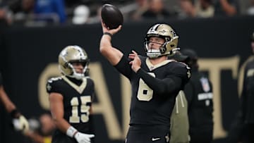 Oct 26, 2025; New Orleans, Louisiana, USA; New Orleans Saints quarterback Tyler Shough (6) warms up before a game against the Tampa Bay Buccaneers at Caesars Superdome. Mandatory Credit: Matthew Hinton-Imagn Images