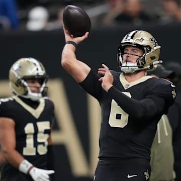 Oct 26, 2025; New Orleans, Louisiana, USA; New Orleans Saints quarterback Tyler Shough (6) warms up before a game against the Tampa Bay Buccaneers at Caesars Superdome. Mandatory Credit: Matthew Hinton-Imagn Images