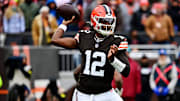Nov 30, 2025; Cleveland, Ohio, USA;  Cleveland Browns quarterback Shedeur Sanders (12) makes a pass during the first half against the San Francisco 49ers at Huntington Bank Field. Mandatory Credit: Ken Blaze-Imagn Images