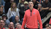 Samford Bulldogs head coach Bucky McMillan looks up at the video board during the second half against the Purdue Boilermakers at Mackey Arena.