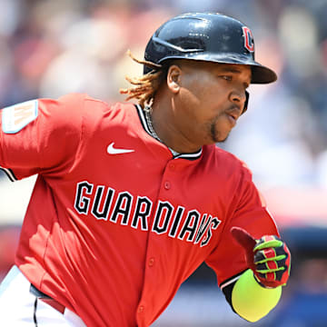 Cleveland Guardians third baseman Jose Ramirez (11) runs the bases on an RBI double during the first inning against the Cincinnati Reds at Progressive Field on June 11.