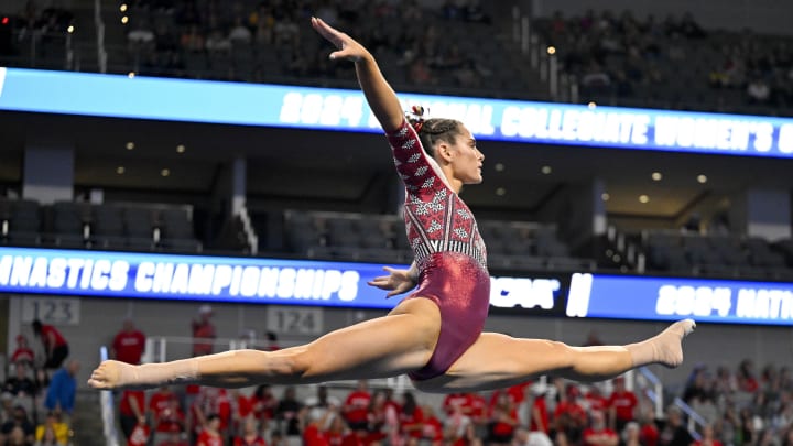 Oklahoma Sooner gymnast performs during floor exercise at the 2024 NCAA Women's Gymnastics Championships.