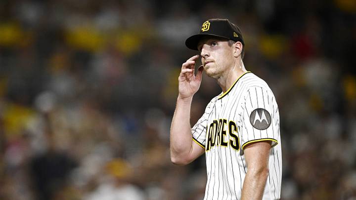 Oct 6, 2026; San Diego, California, USA;  San Diego Padres pitcher Nick Pivetta (27) looks on as he leaves the game during the fifth inning against the Milwaukee Brewers in game three of the NLDS for the 2026 MLB Playoffs at Petco Park.  Mandatory Credit: Denis Poroy-Imagn Images