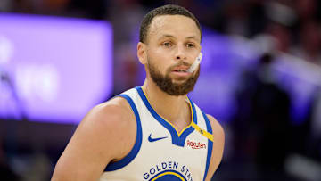 Apr 13, 2025; San Francisco, California, USA; Golden State Warriors guard Stephen Curry (30) looks on against the LA Clippers during the fourth quarter at Chase Center. Mandatory Credit: Robert Edwards-Imagn Images
