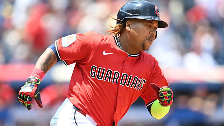 Jun 11, 2025; Cleveland, Ohio, USA; Cleveland Guardians third baseman Jose Ramirez (11) runs the bases on an RBI double during the first inning against the Cincinnati Reds at Progressive Field. Mandatory Credit: Ken Blaze-Imagn Images Jun 11, 2025; Cleveland, Ohio, USA; Cleveland Guardians third baseman Jose Ramirez (11) runs the bases on an RBI double during the first inning against the Cincinnati Reds at Progressive Field. Mandatory Credit: Ken Blaze-Imagn Images