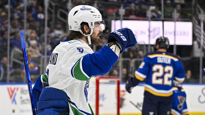 Jan 27, 2025; St. Louis, Missouri, USA;  Vancouver Canucks right wing Conor Garland (8) reacts after scoring against the St. Louis Blues during the first period at Enterprise Center. Mandatory Credit: Jeff Curry-Imagn Images