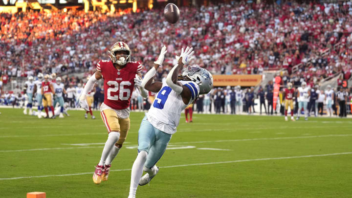 Oct 8, 2023; Santa Clara, California, USA; Dallas Cowboys wide receiver KaVontae Turpin (9) catches a touchdown pass against San Francisco 49ers cornerback Isaiah Oliver (26) during the second quarter at Levi's Stadium. Mandatory Credit: Darren Yamashita-USA TODAY Sports