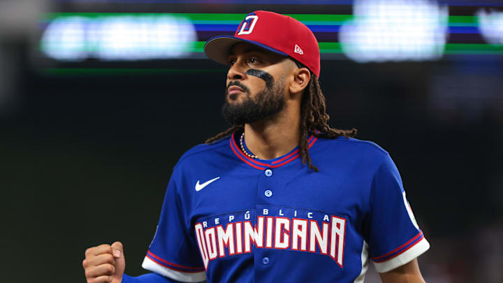 Fernando Tatis Jr. (23) reacts against Venezuela during the fifth inning at loanDepot Park. 