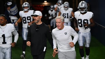 Las Vegas Raiders head coach Pete Carroll runs out of the tunnel before the second half against the Seattle Seahawks