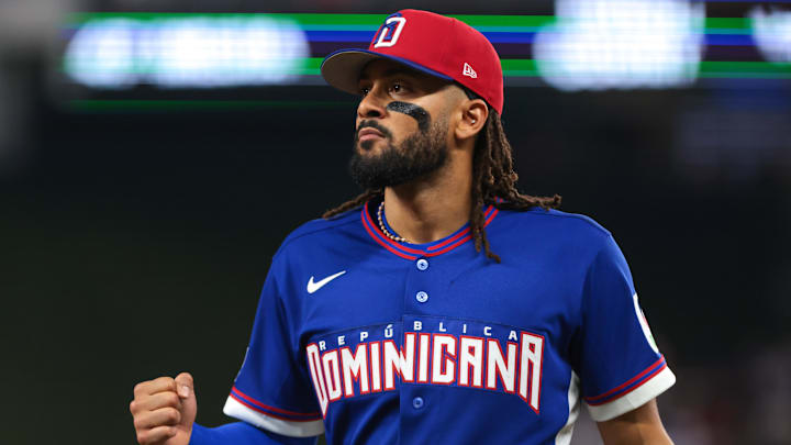 Dominican Republic right fielder Fernando Tatis Jr. (23) reacts against Venezuela during the fifth inning at loanDepot Park.