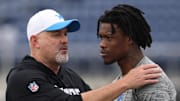 Detroit Lions offensive coordinator John Morton instructs wide receiver Jameson Williams (1) before Chargers game