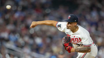 Jul 23, 2024; Minneapolis, Minnesota, USA; Minnesota Twins pitcher Jhoan Duran (59) delivers a pitch against the Philadelphia Phillies in the ninth inning at Target Field. Mandatory Credit: Jesse Johnson-USA TODAY Sports