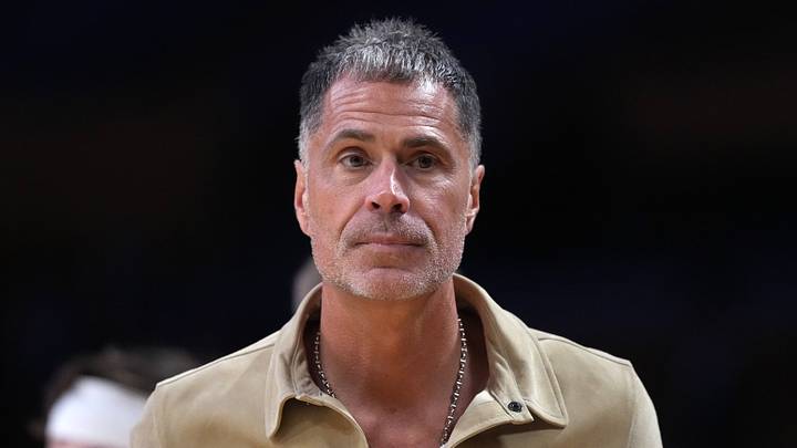 Apr 18, 2026; Los Angeles, California, USA; Los Angeles Lakers general manager Rob Pelinka watches during game one of the first round of the 2026 NBA Playoffs against the Houston Rockets at Crypto.com Arena. Mandatory Credit: Kirby Lee-Imagn Images