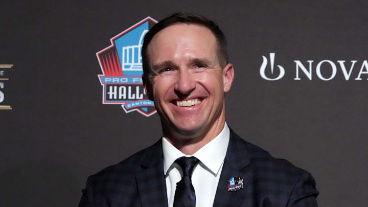 Feb 5, 2026; San Francisco, CA, USA; Drew Brees during a press conference introducing the NFL Hall of Fame Class of 2026 at Palace of Fine Arts. Mandatory Credit: Kirby Lee-Imagn Images Feb 5, 2026; San Francisco, CA, USA; Drew Brees during a press conference introducing the NFL Hall of Fame Class of 2026 at Palace of Fine Arts. Mandatory Credit: Kirby Lee-Imagn Images
