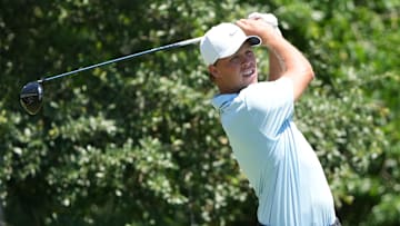 May 23, 2025; Fort Worth, Texas, USA; Nick Hardy plays his shot from the ninth tee during the second round of the Charles Schwab Challenge golf tournament. Mandatory Credit: Jim Cowsert-Imagn Images