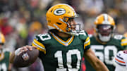 Green Bay Packers quarterback Jordan Love (10) throws a pass during the first quarter against the Chicago Bears at Lambeau Field. 