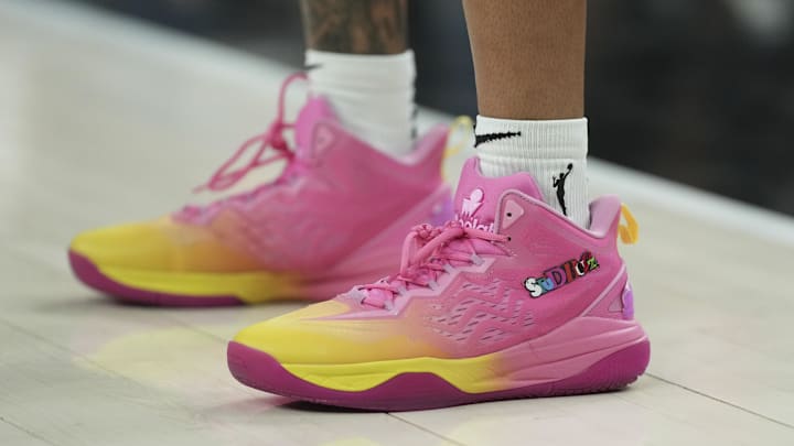 Sep 4, 2025; Las Vegas, Nevada, USA; Minnesota Lynx guard Courtney Williams (10) shoes during the third quarter of their game against the Las Vegas Aces at T-Mobile Arena. Mandatory Credit: Candice Ward-Imagn Images