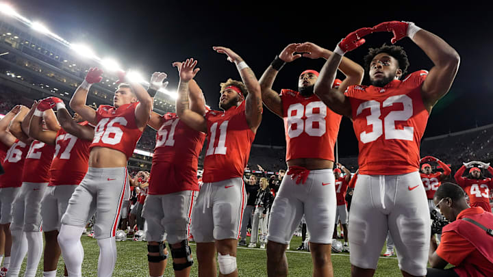 Sept. 7, 2024; Columbus, Ohio, USA;
Ohio State Buckeyes running back TreVeyon Henderson (32) sings “Carmen Ohio” with teammates following a 56-0 win over Western Michigan on Saturday at Ohio Stadium.