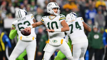 Dec 15, 2024; Seattle, Washington, USA; Green Bay Packers quarterback Jordan Love (10) passes the ball against the Seattle Seahawks during the first half at Lumen Field. Mandatory Credit: Steven Bisig-Imagn Images