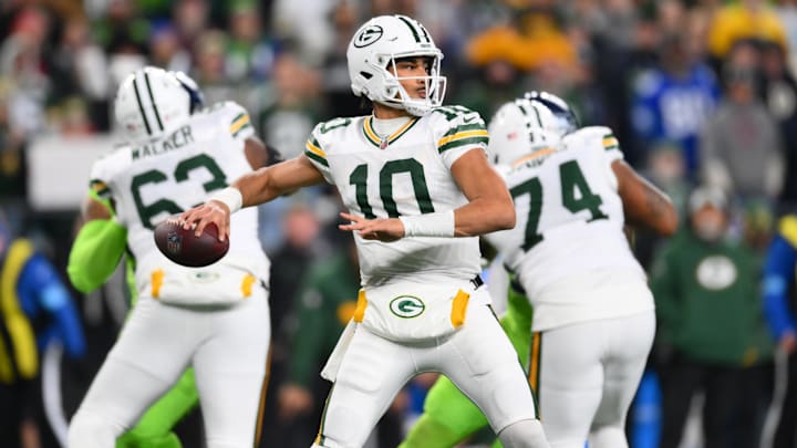 Dec 15, 2024; Seattle, Washington, USA; Green Bay Packers quarterback Jordan Love (10) passes the ball against the Seattle Seahawks during the first half at Lumen Field. Mandatory Credit: Steven Bisig-Imagn Images