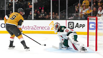 Apr 20, 2025; Las Vegas, Nevada, USA; Vegas Golden Knights center Jack Eichel (9) shoots against Minnesota Wild goaltender Filip Gustavsson (32) during the second period of  game one of the first round of the 2025 Stanley Cup Playoffs at T-Mobile Arena. Mandatory Credit: Stephen R. Sylvanie-Imagn Images
