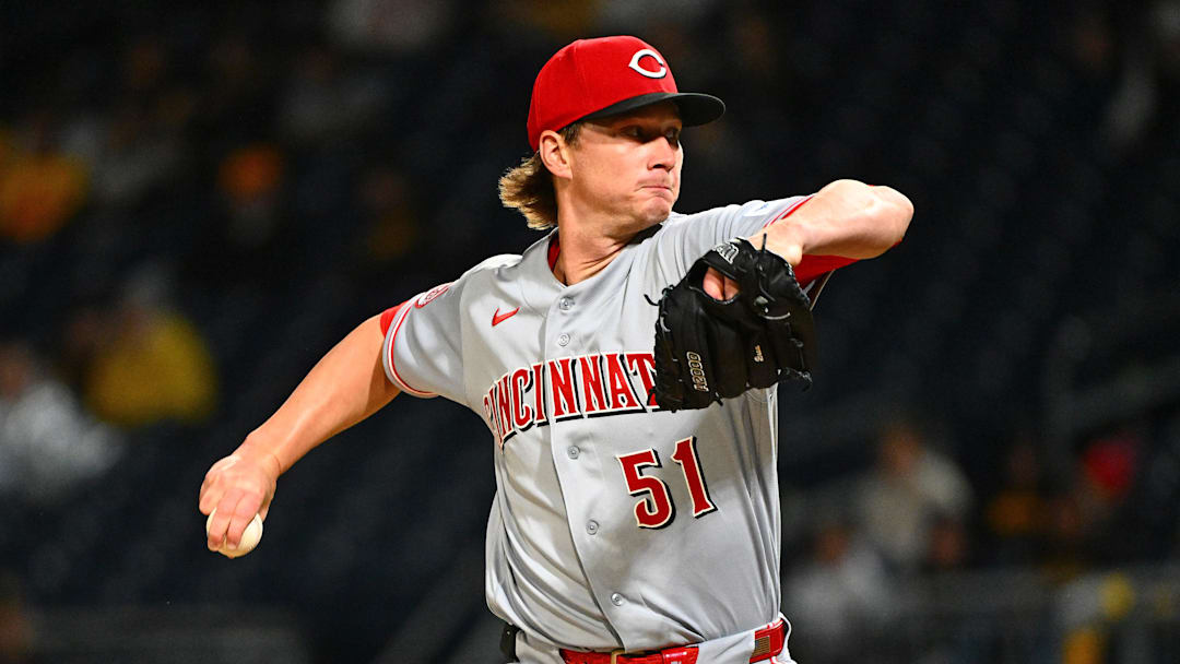 May 1, 2026; Pittsburgh, Pennsylvania, USA; Cincinnati Reds starting pitcher Brady Singer (51) delivers a pitch against the Pittsburgh Pirates during the first inning at PNC Park. Mandatory Credit: Justin Berl-Imagn Images