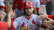 Jun 17, 2025; Chicago, Illinois, USA;  St. Louis Cardinals second baseman Brendan Donovan (33) celebrates in the dugout after he scores during the second inning against the Chicago White Sox at Rate Field. Mandatory Credit: Matt Marton-Imagn Images