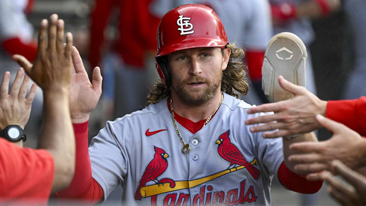 Jun 17, 2025; Chicago, Illinois, USA;  St. Louis Cardinals second baseman Brendan Donovan (33) celebrates in the dugout after he scores during the second inning against the Chicago White Sox at Rate Field. Mandatory Credit: Matt Marton-Imagn Images