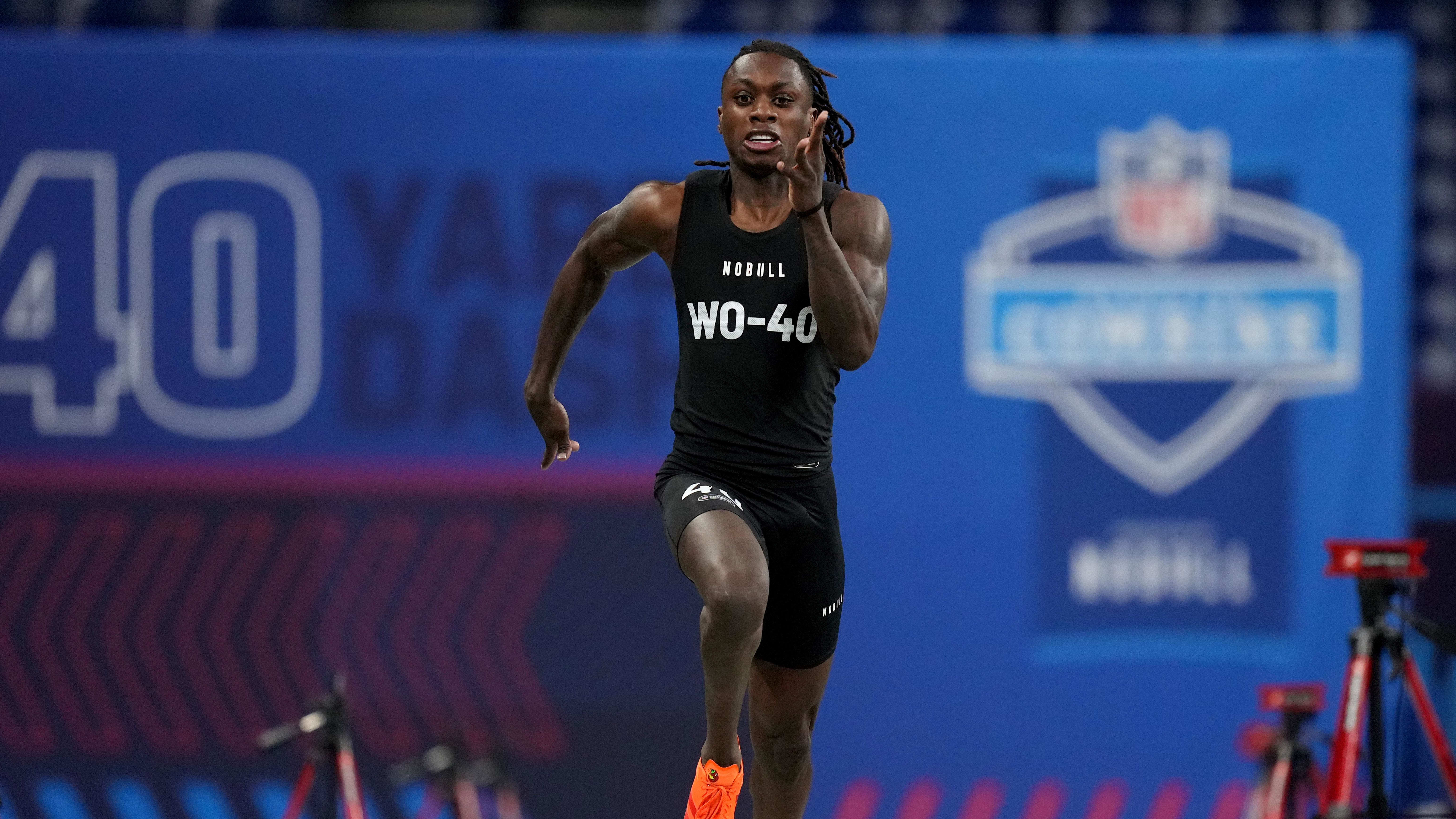 Xavier Worthy runs the 40-yard dash at the 2024 NFL Combine