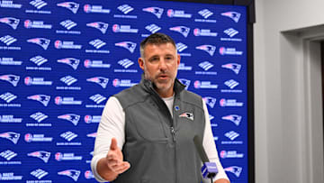 May 9, 2025; Foxborough, MA, USA;  New England Patriots head coach Mike Vrabel speaks the to media during a press conference at Gillette Stadium. Mandatory Credit: Eric Canha-Imagn Images