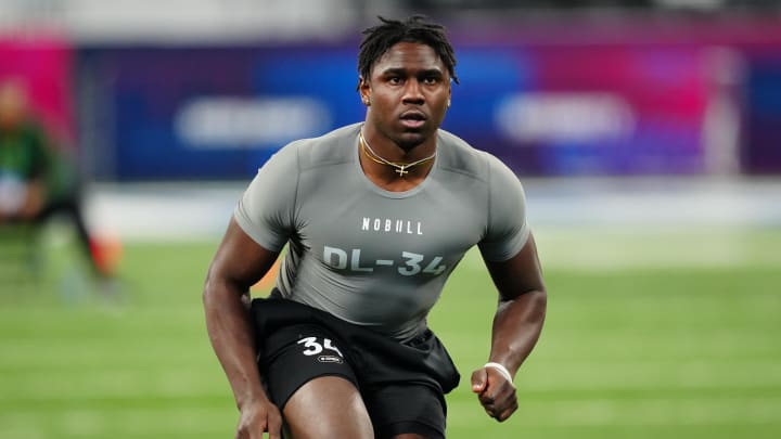 Feb 29, 2024; Indianapolis, IN, USA; Houston Christian defensive lineman Jalyx Hunt (DL34) works out during the 2024 NFL Combine at Lucas Oil Stadium. Mandatory Credit: Kirby Lee-USA TODAY Sports