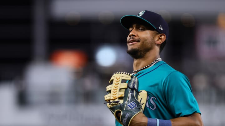 Seattle Mariners center fielder Julio Rodriguez (44) looks on against the Miami Marlins during the ninth inning at loanDepot Park on June 21.