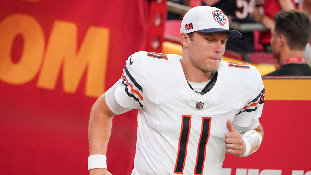 Aug 22, 2024; Kansas City, Missouri, USA; Chicago Bears quarterback Brett Rypien (11) runs onto the field against the Kansas City Chiefs prior to a game at GEHA Field at Arrowhead Stadium. Mandatory Credit: Denny Medley-Imagn Images