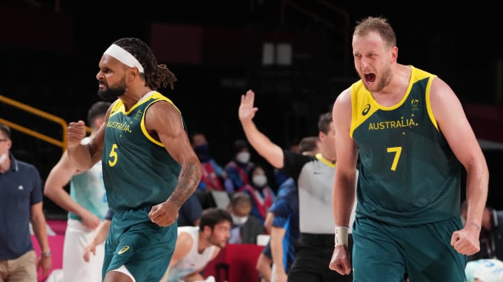 Team Australia point guard Patty Mills (5) and Team Australia small forward Joe Ingles.