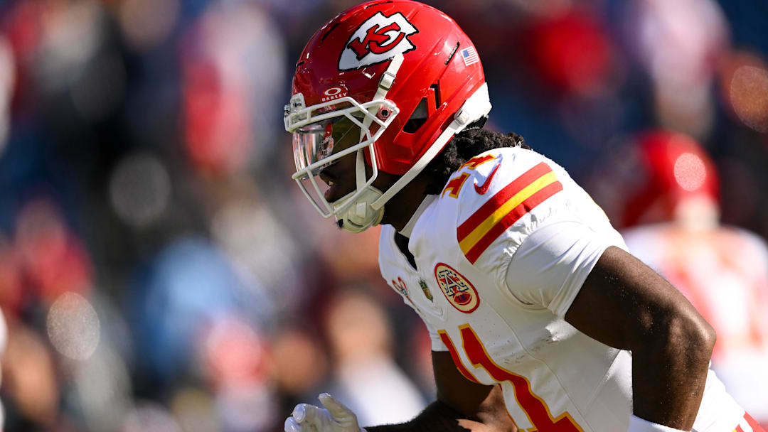 Dec 21, 2025; Nashville, Tennessee, USA; Kansas City Chiefs wide receiver Jalen Royals (11) against the Tennessee Titans during pre-game warmups at Nissan Stadium. Dec 21, 2025; Nashville, Tennessee, USA; Kansas City Chiefs wide receiver Jalen Royals (11) against the Tennessee Titans during pre-game warmups at Nissan Stadium.