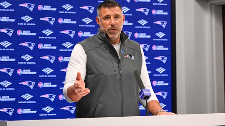 New England Patriots head coach Mike Vrabel speaks to the media during a press conference at Gillette Stadium.