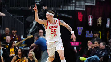 Mar 13, 2024; Las Vegas, NV, USA; Utah Utes guard Gabe Madsen (55) celebrates against the Arizona State Sun Devils in the first half at T-Mobile Arena. Mandatory Credit: Kirby Lee-Imagn Images