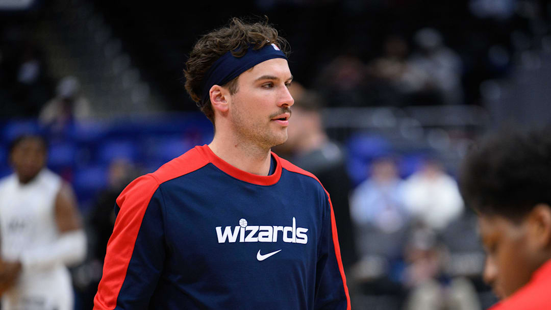 Mar 5, 2025; Washington, District of Columbia, USA; Washington Wizards forward Corey Kispert (24) warms up prior to the game between the Washington Wizards and the Utah Jazz at Capital One Arena. Mandatory Credit: Reggie Hildred-Imagn Images