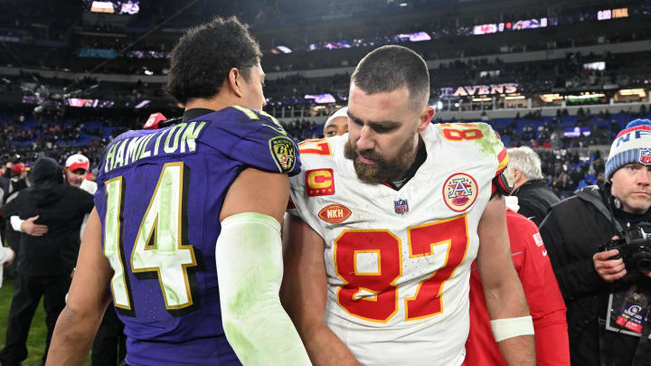 Jan 28, 2024; Baltimore, Maryland, USA; Kansas City Chiefs tight end Travis Kelce (87) greets Baltimore Ravens safety Kyle Hamilton (14) after their AFC Championship football game at M&T Bank Stadium. Mandatory Credit: Tommy Gilligan-USA TODAY Sports