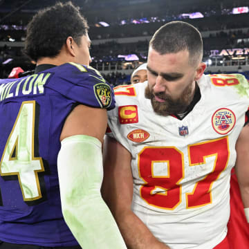 Jan 28, 2024; Baltimore, Maryland, USA; Kansas City Chiefs tight end Travis Kelce (87) greets Baltimore Ravens safety Kyle Hamilton (14) after their AFC Championship football game at M&T Bank Stadium. Mandatory Credit: Tommy Gilligan-USA TODAY Sports