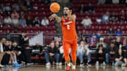 Mar 5, 2025; Chestnut Hill, Massachusetts, USA; Clemson Tigers guard Dillon Hunter (2)  passes the ball during the second half against the Boston College Eagles at Conte Forum.