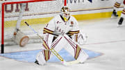 Feb 28, 2025; Chestnut Hill, MA, USA; Boston College goaltender Jacob Fowler (1) warms up before a game against the University of New Hampshire Wildcats at Conte Forum. Mandatory Credit: Eric Canha-Imagn Images