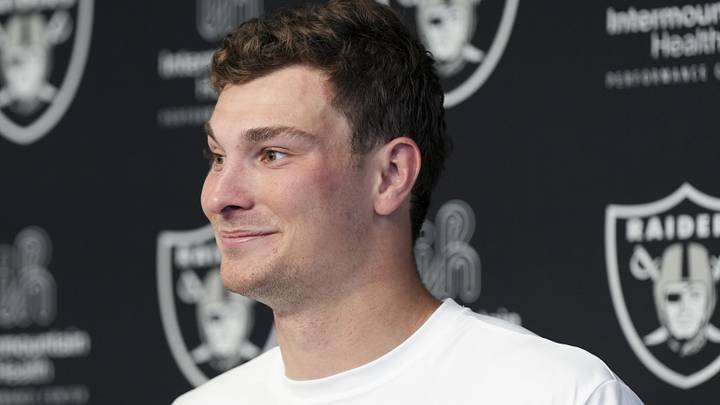 Las Vegas Raiders quarterback Fernando Mendoza speaks during a news conference.