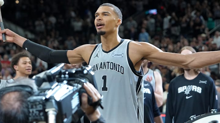 Mar 19, 2026; San Antonio, Texas, USA;  San Antonio Spurs forward Victor Wembanyama (1) celebrates after the game against the Phoenix Suns at Frost Bank Center. Mandatory Credit: Daniel Dunn-Imagn Images