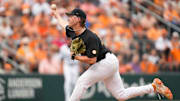 Tennessee pitcher Tanner Franklin (50) pitches during a NCAA baseball game between the Tennessee Volunteers and Vanderbilt Commodores at Lindsey Nelson Stadium on May 11, 2025.